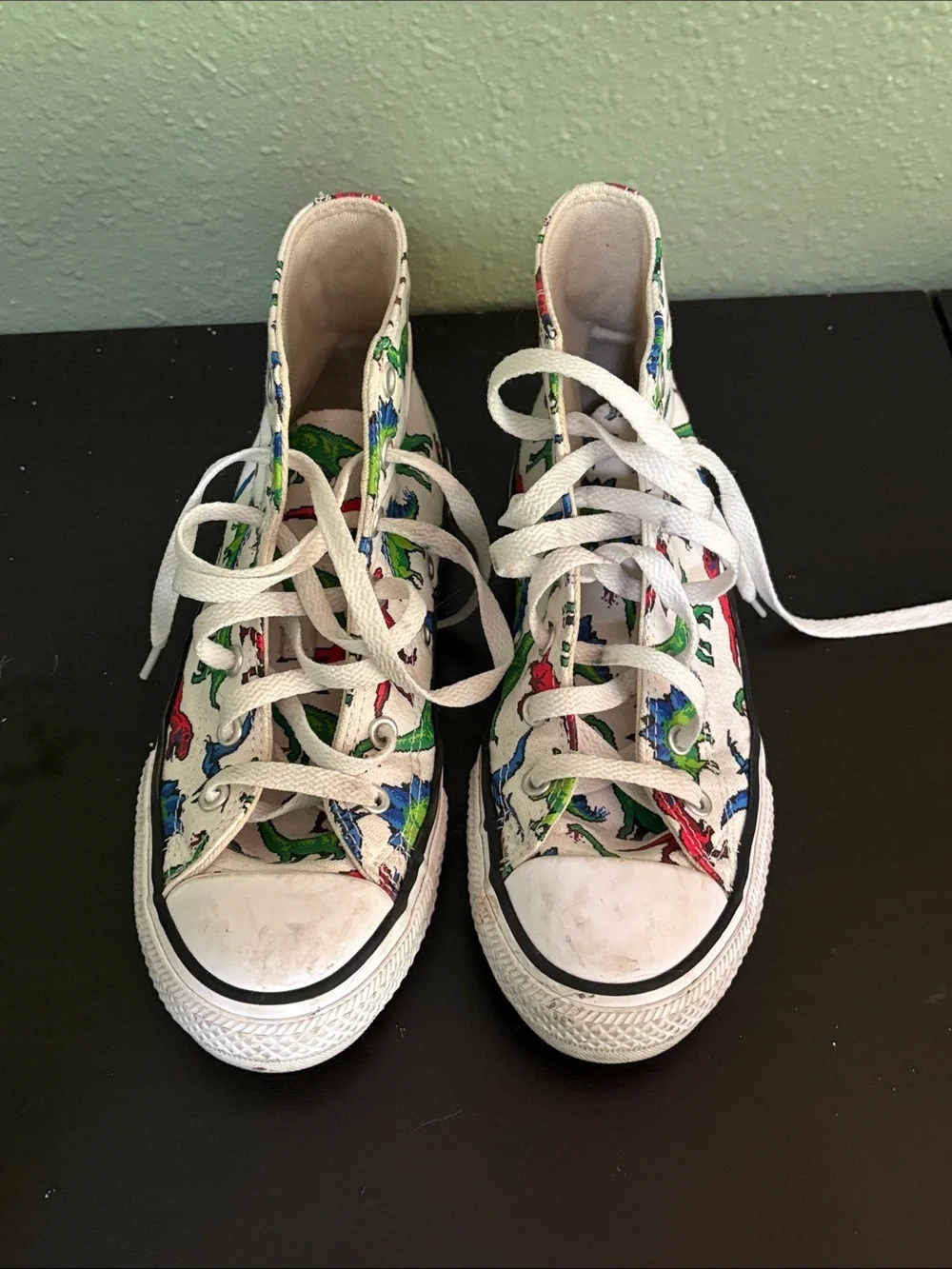 Converse Kids White High-Top Sneakers with Red, Green and Blue Dinosaur Print